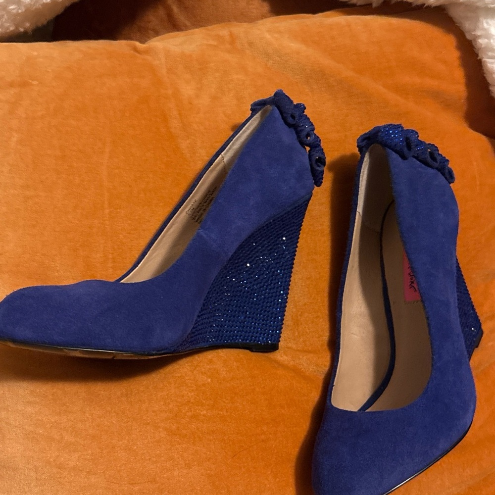 Betsey Johnson Royal blue rhinestone Wedges with Sparkle Ruffle